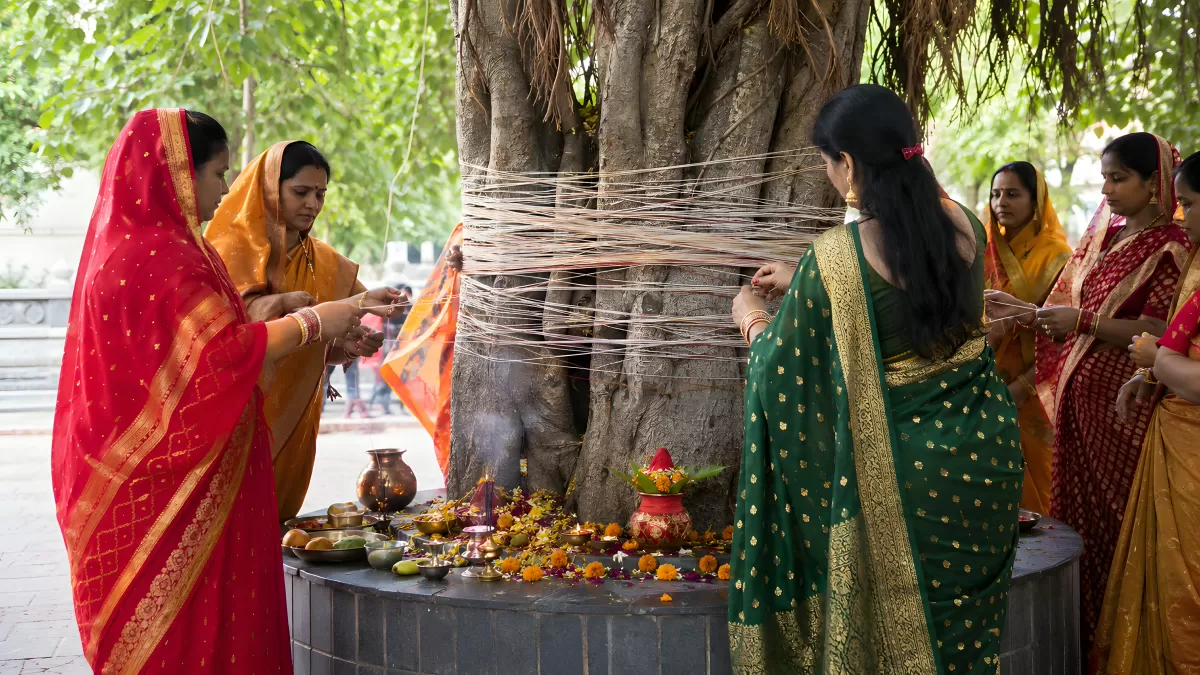 Hinduistische Frauen beim Vat Savitri Ritual am Banyanbaum