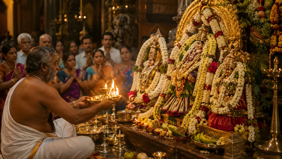 Hinduistischer Priester bei Aarti-Zeremonie im Tempel