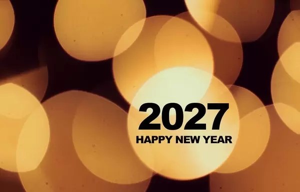 Hintergrundbild mit hellen, gelben Kreisen wünscht zum Neujahrsanfang ein Frohes Neues Jahr 2027
