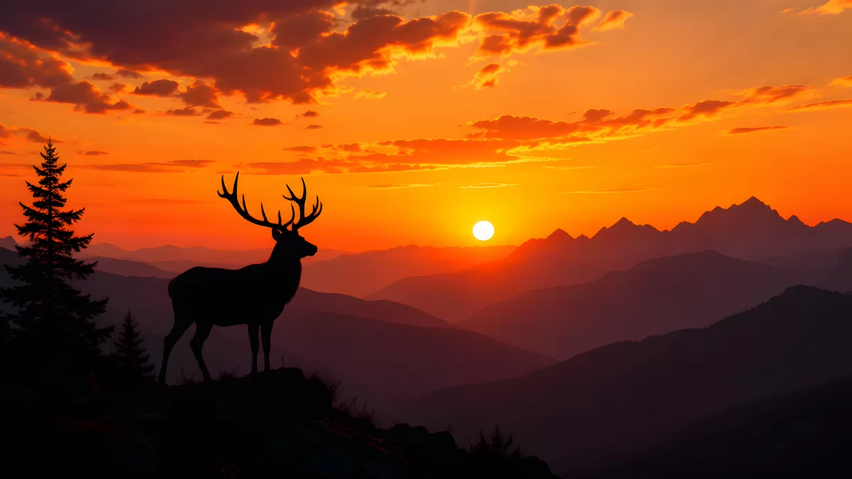 Hirsch-Silhouette vor leuchtendem Bergsonnenuntergang