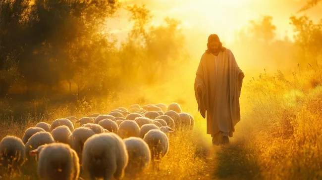 Hirte mit Schafherde im Sonnenuntergang