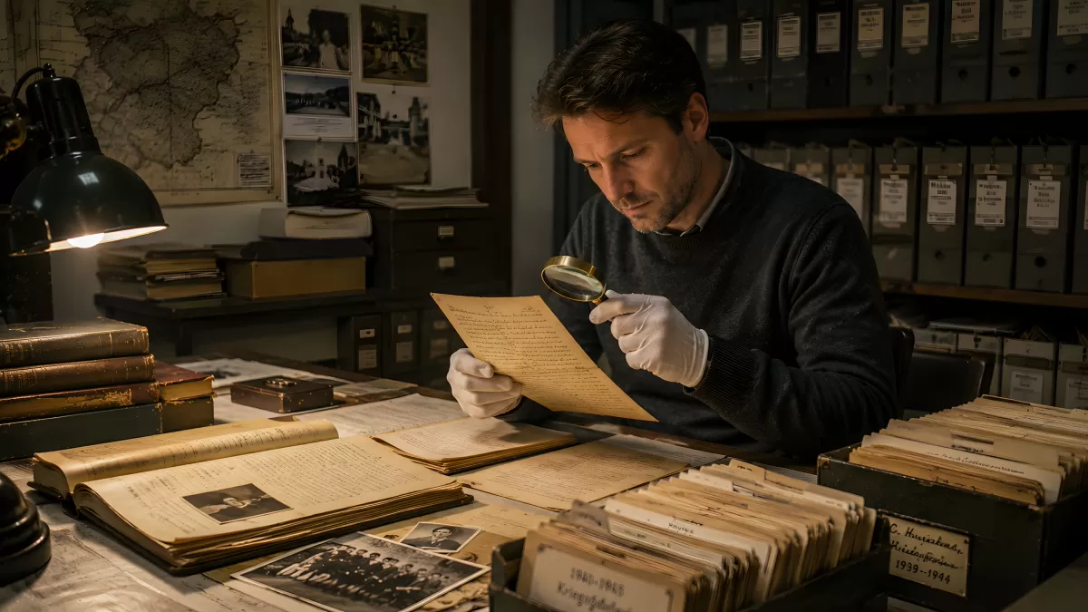 Historiker untersucht alte Dokumente mit Lupe im Archiv