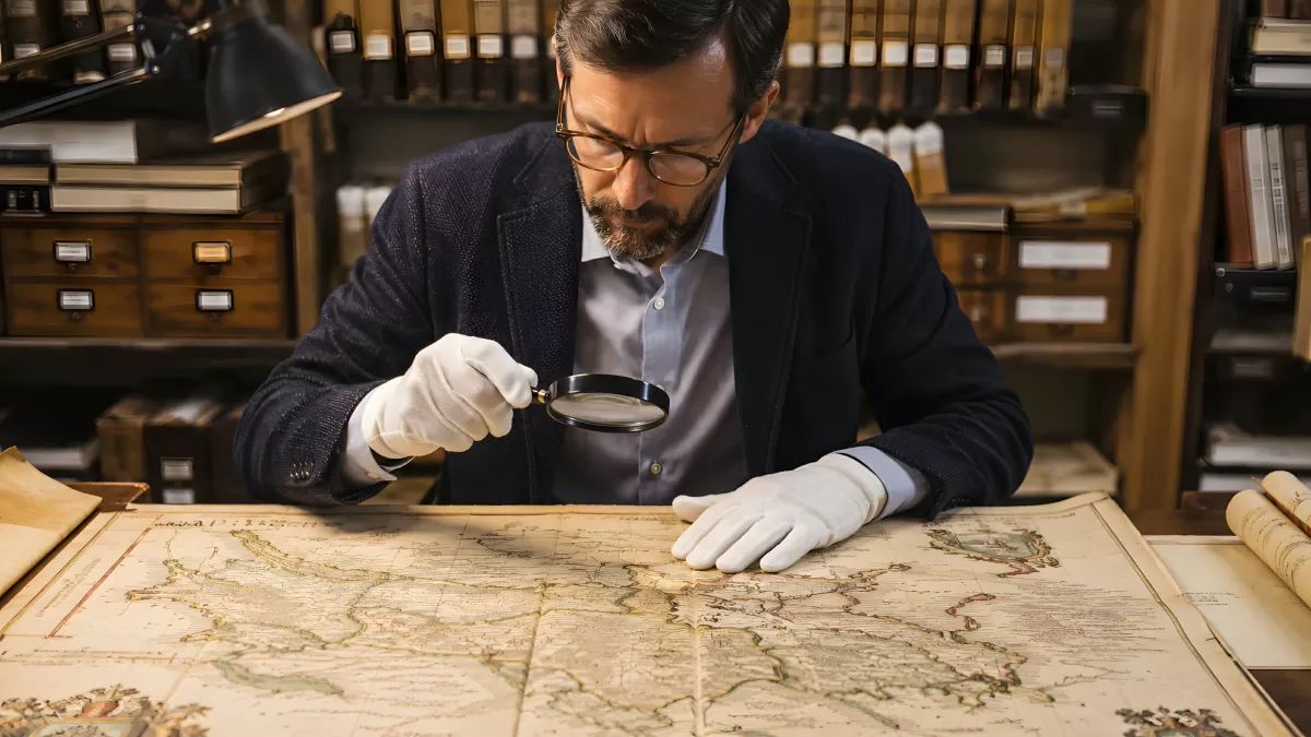 Historiker untersucht alte Landkarte mit Lupe im Archiv