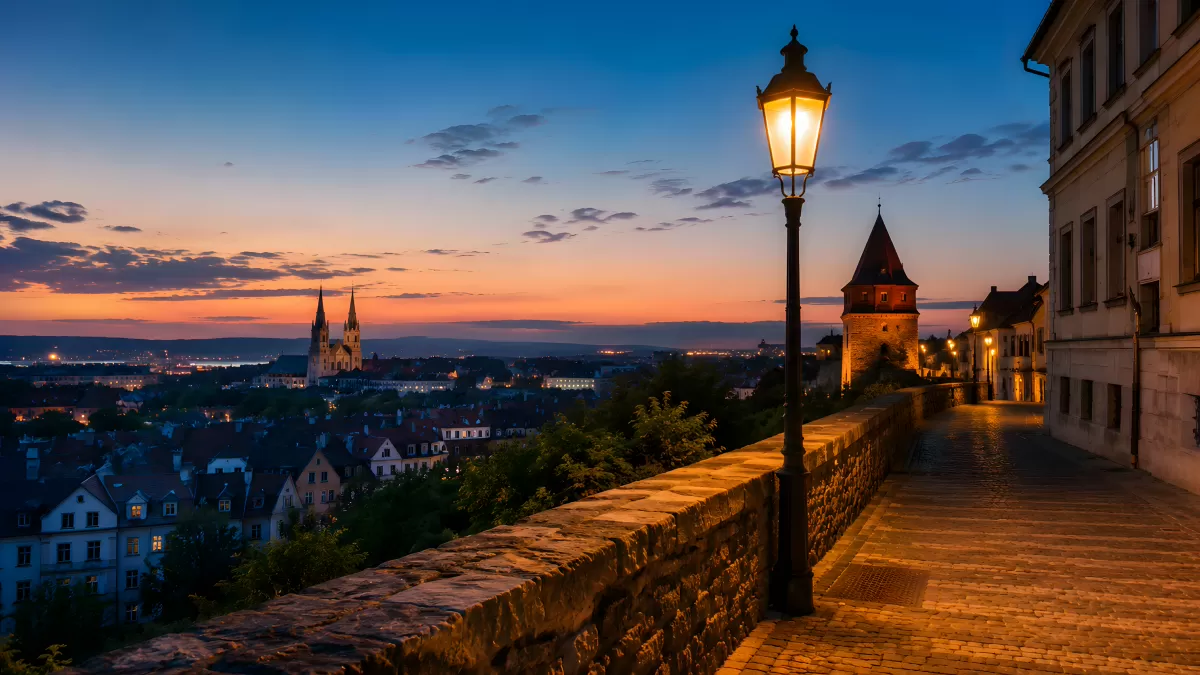 Historische Altstadt bei Abenddämmerung mit Laterne