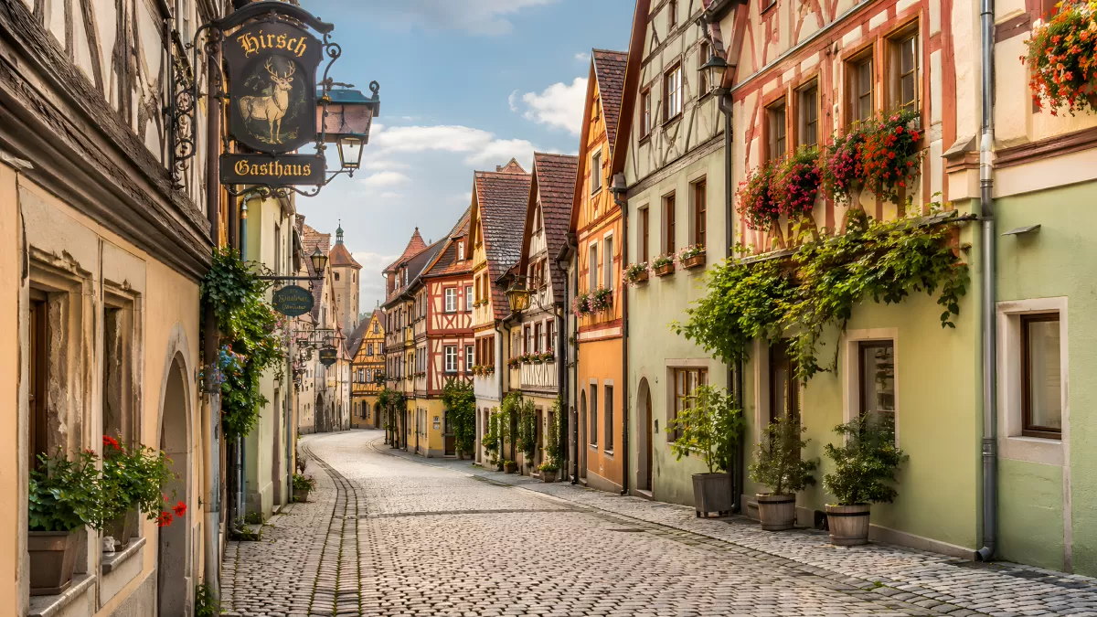 Historische Altstadt-Gasse mit Fachwerkhäusern in Bayern