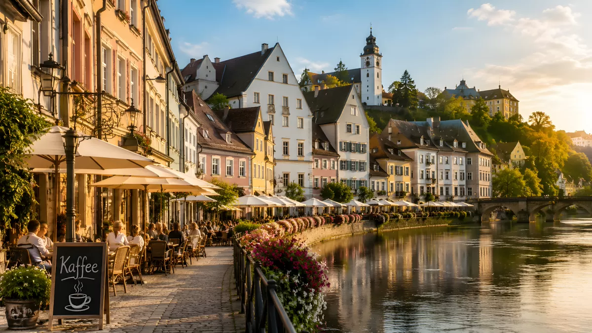 Historische Altstadt mit Flusspromenade im Abendlicht