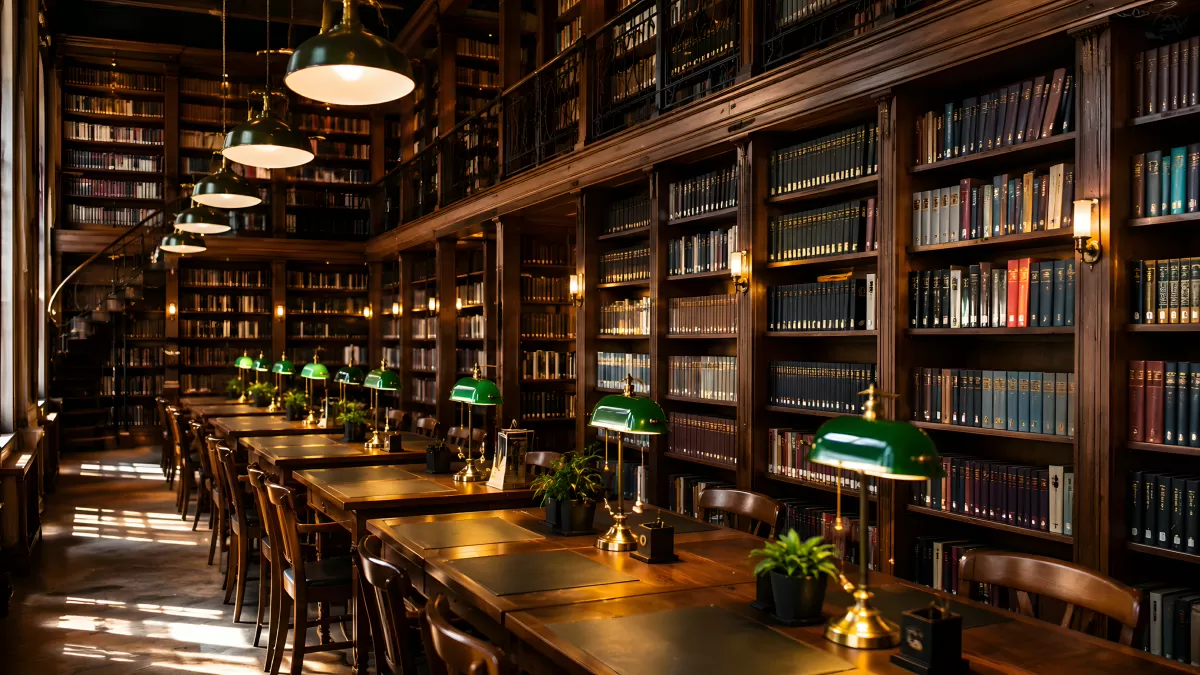 Historische Bibliothek mit grünen Schreibtischlampen