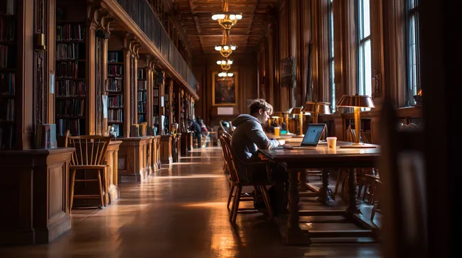 Historische Harvard-Bibliothek: Geschichtlicher Lernort mit Laptop