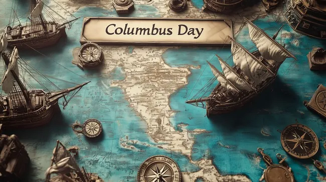 Historische Karte mit Schiffsmodellen und Kompass für Columbus Day