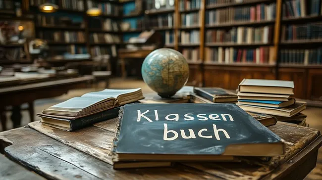Historische Schulbibliothek mit Klassenbuch und Lehrmaterialien