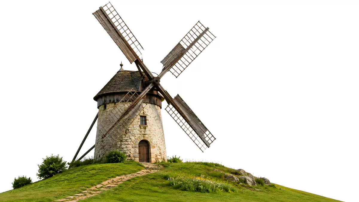 Historische Steinwindmühle auf grünem Hügel