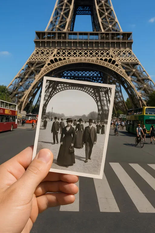 Historische Szene am Eiffelturm in Paris