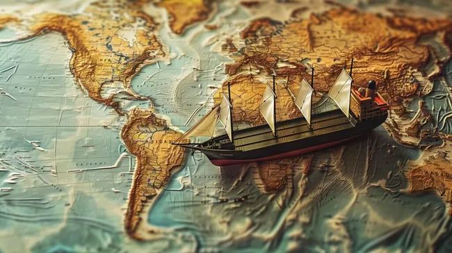 Historische Weltkarte mit Schiffsmodell