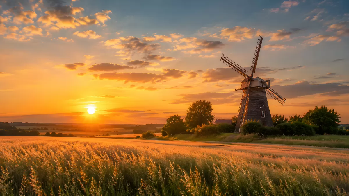 Historische Windmühle im goldenen Sonnenuntergang