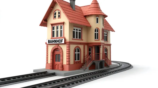 Historischer Bahnhof mit rotem Dach und Gleisen