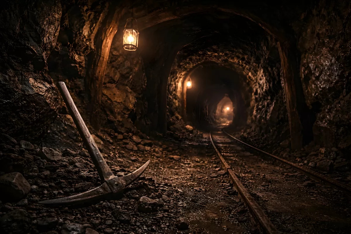 Historischer Bergwerksschacht mit Schienenpfad und Laterne