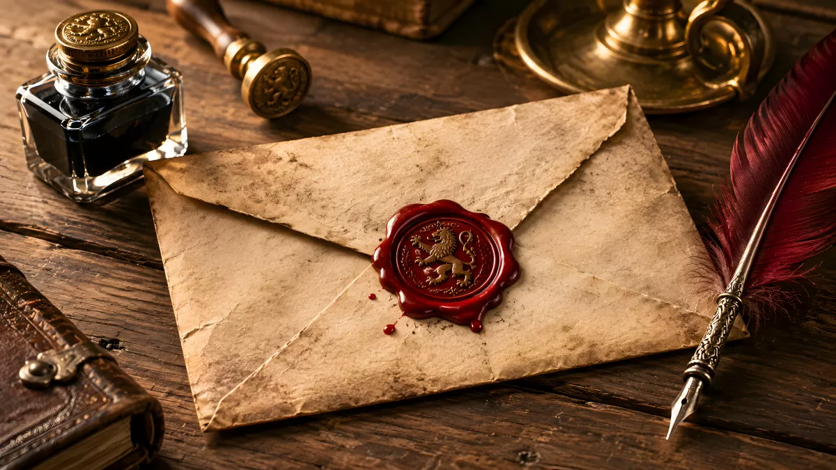 Historischer Brief mit rotem Wachssiegel auf Holztisch