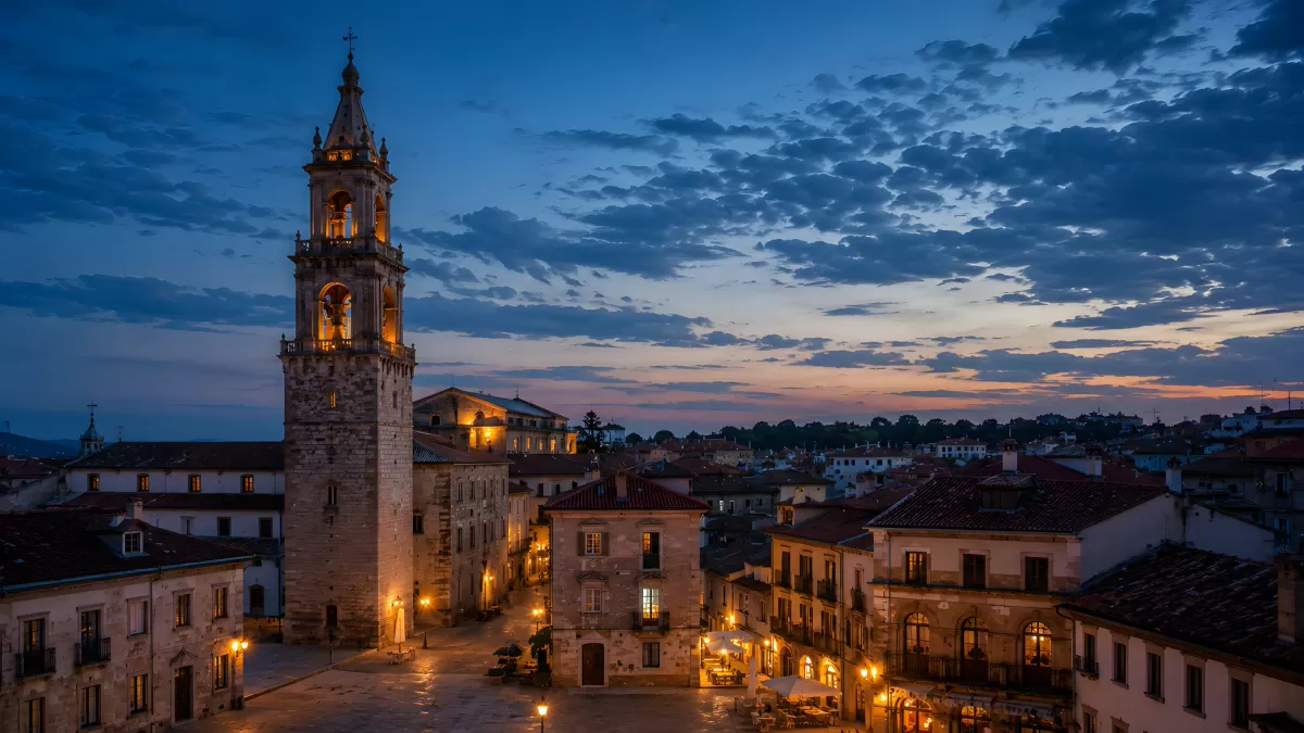 Historischer Kirchturm auf beleuchtetem Stadtplatz bei Abenddämmerung