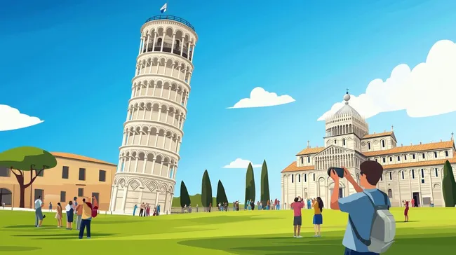 Historischer Stadtplatz mit Schiefer Turm und Touristen in Pisa