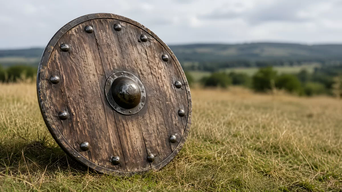 Historischer Wikingerschild auf herbstlicher Wiese