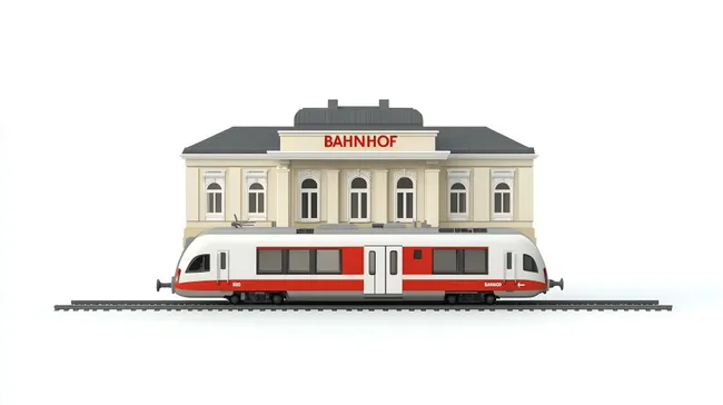 Historisches Bahnhofsgebäude mit modernem Zug