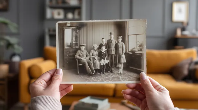 Historisches Familienfoto im Wohnzimmer-Setting
