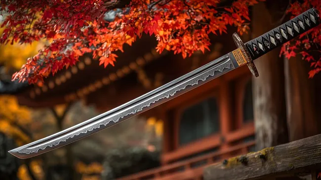 Historisches japanisches Schwert vor herbstlichen Ahornbäumen