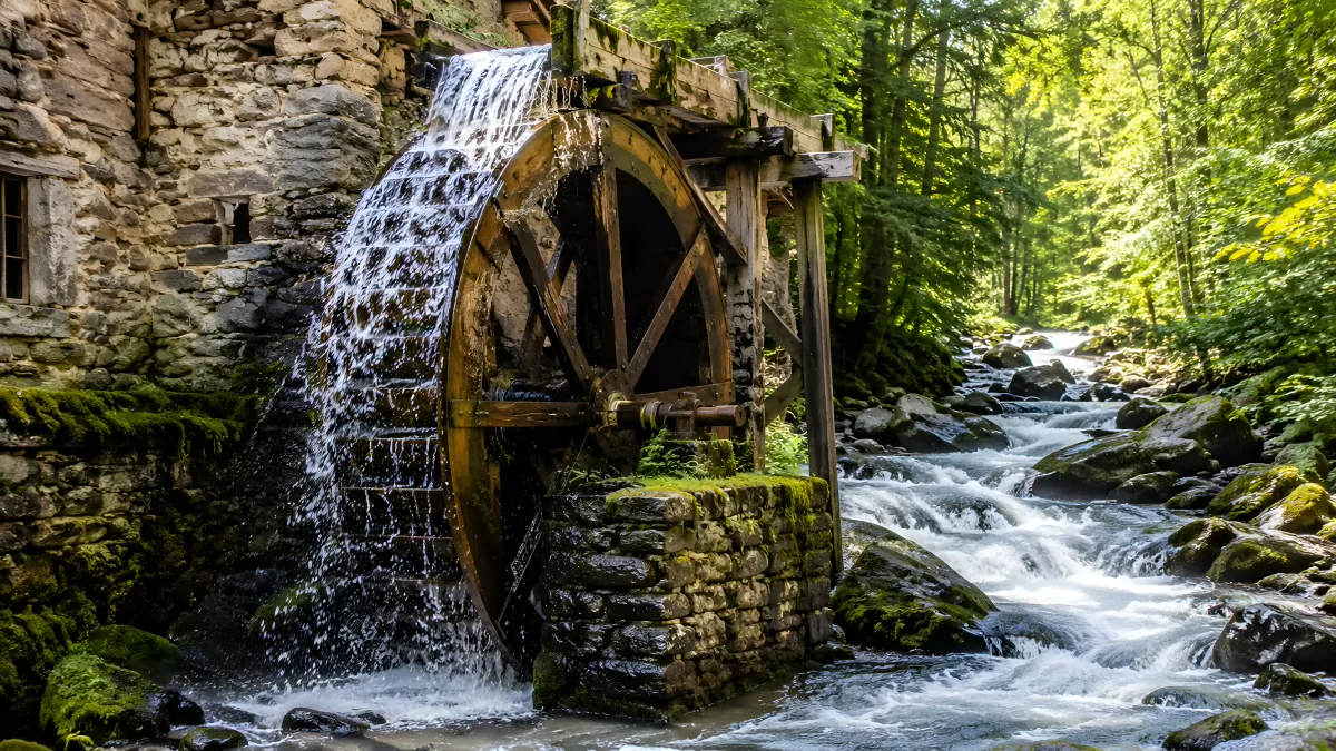Historisches Mühlrad an einem Waldbach im Sommer