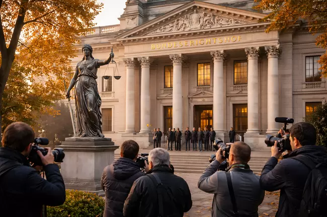 Historisches Regierungsgebäude mit Statue am Herbsttag