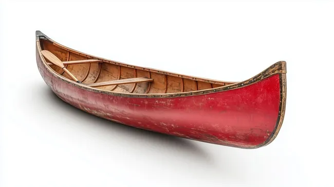 Historisches, rotes Holzkanu mit Paddeln auf weißem Hintergrund