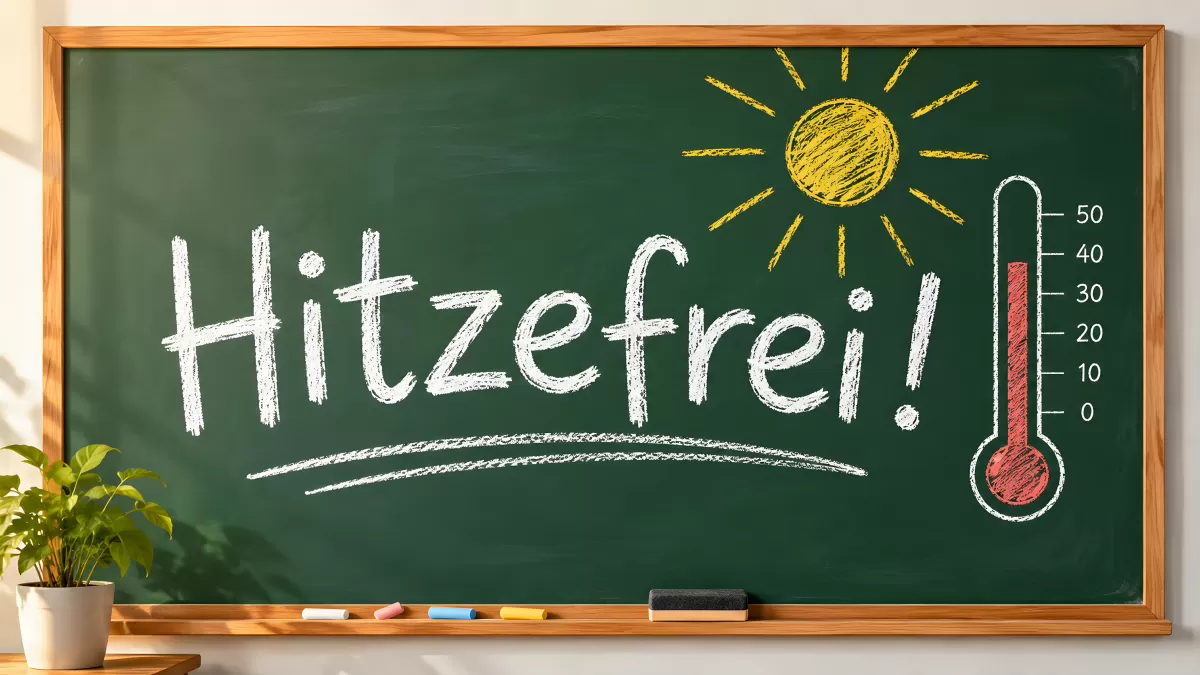 Hitzefrei-Schriftzug auf grüner Schultafel mit Sonne