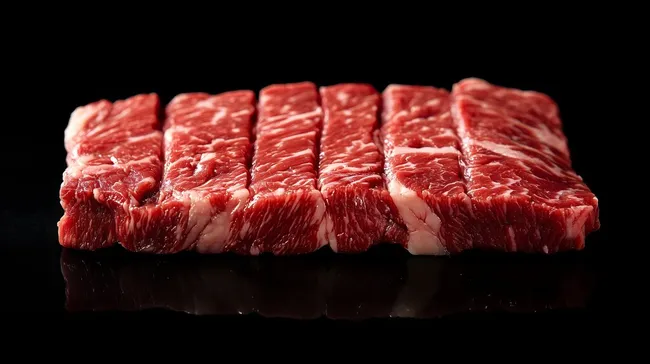 Hochaufgelöste Rindfleisch-Scheiben auf schwarzem Hintergrund