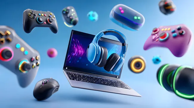 Hochauflösende Gaming-Ausstattung auf blauem Hintergrund