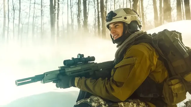 Hochauflösender Soldat in winterlicher Kampfausrüstung