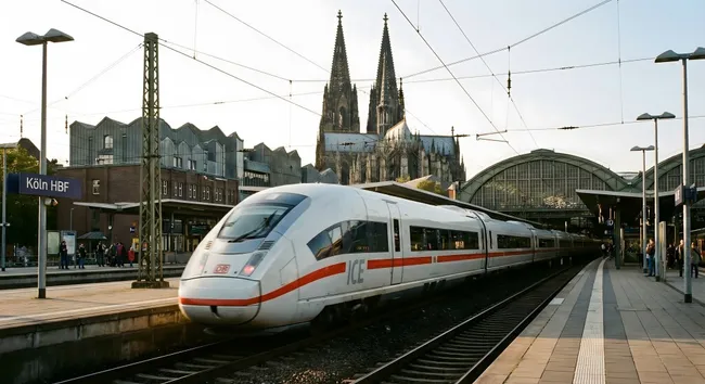 Hochgeschwindigkeitszug am Kölner Hauptbahnhof mit Domkulisse