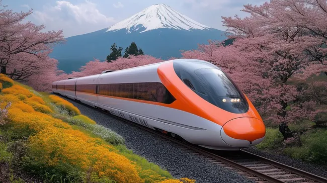 Hochgeschwindigkeitszug vor schneebedecktem Berg mit Kirschblüten