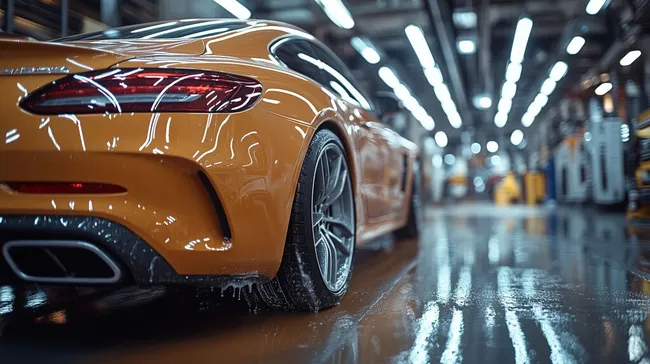 Hochglänzender Sportwagen in moderner Autowaschanlage