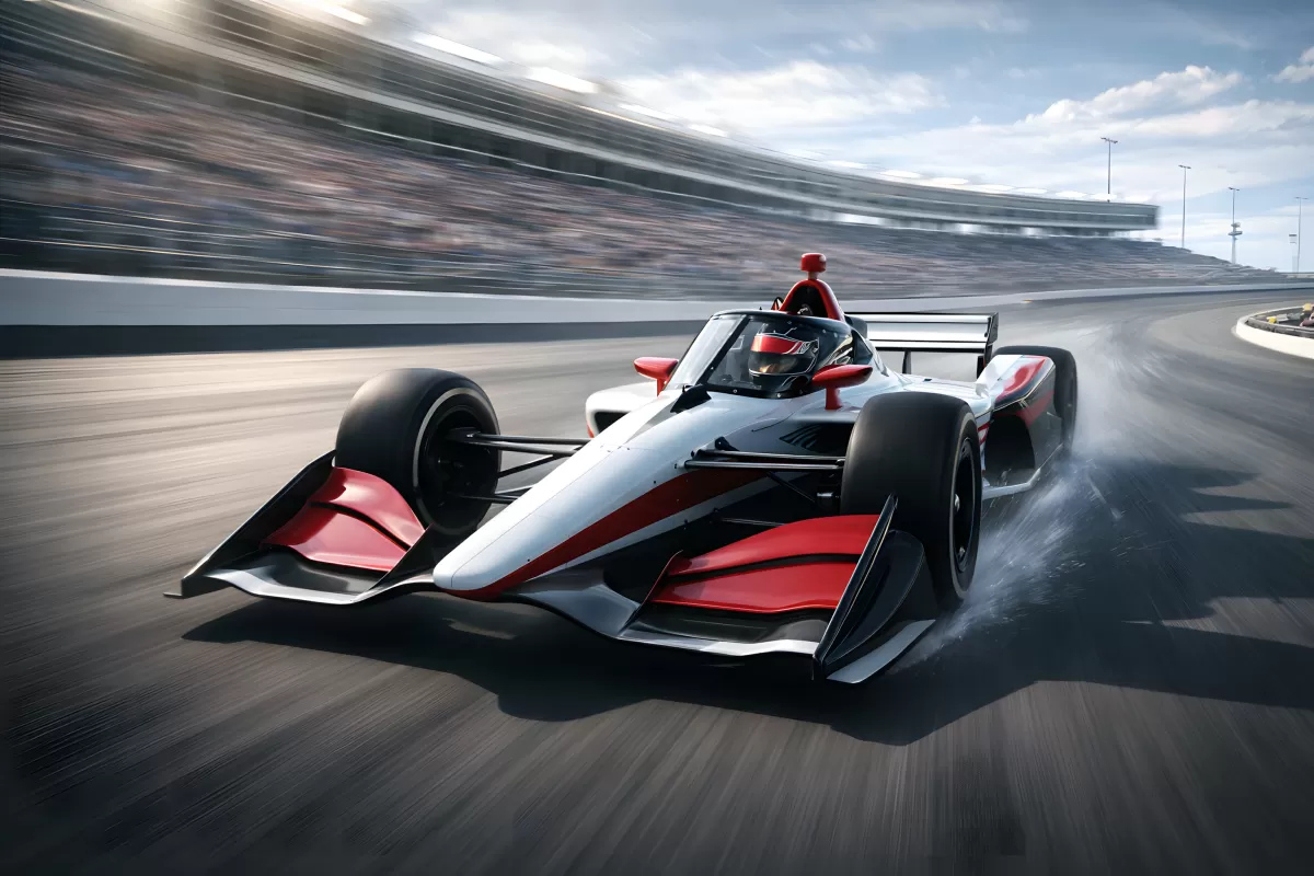 Hochleistungsrennwagen in rasanter Fahrt auf der Rennstrecke ähnlich IndyCar