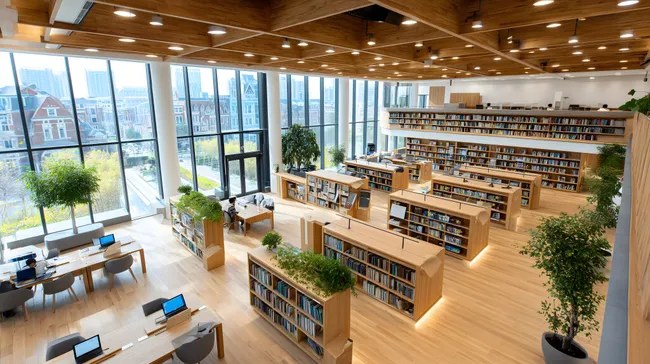 Hochmoderne Bibliothek mit großen Fenstern und Holzdesign