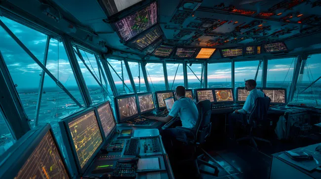 Hochmoderne Fluglotsen-Kommandozentrale mit Panoramablick