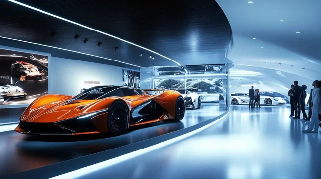 Hochmoderne Luxusautos in futuristischem Ausstellungsraum