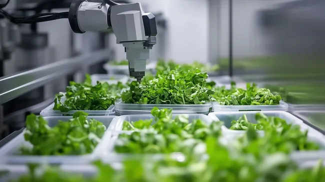 Hochmoderne Salatfabrik mit robotergesteuerten Verpackungsprozessen