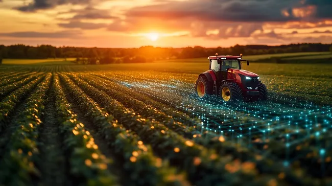 Hochmoderner Traktor bei Sonnenuntergang auf digitalem Feld