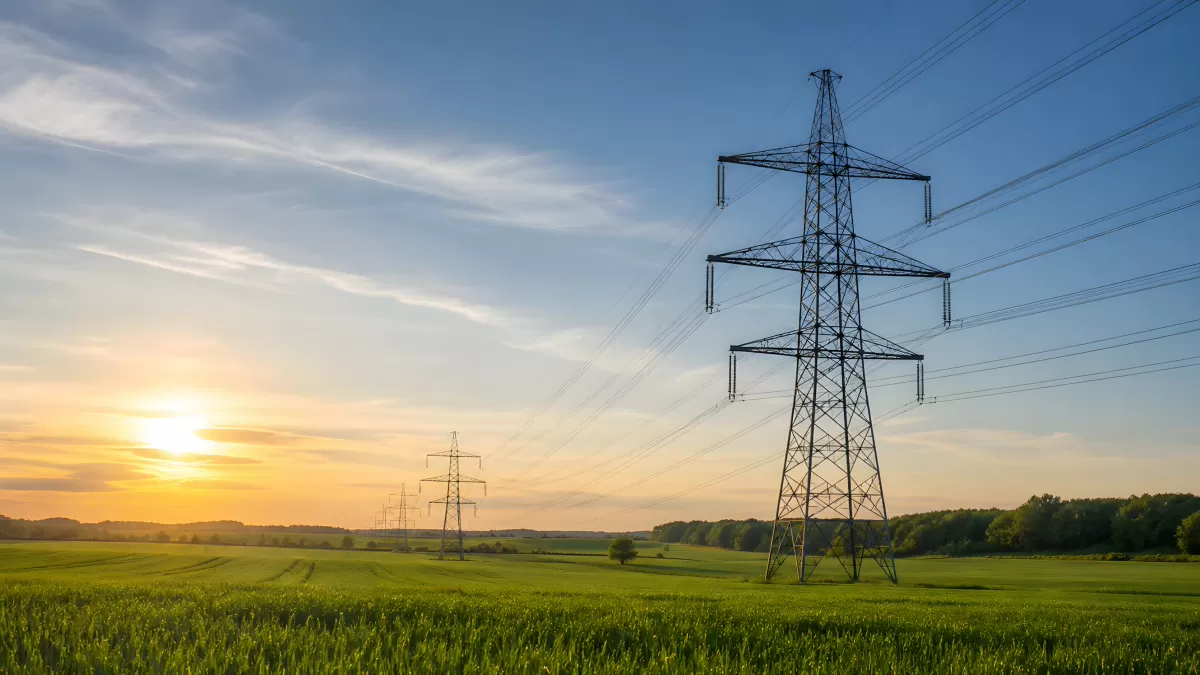 Hochspannungsmasten auf grüner Wiese bei Sonnenuntergang