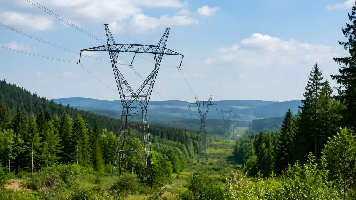 Hochspannungsmasten im grünen Mittelgebirge
