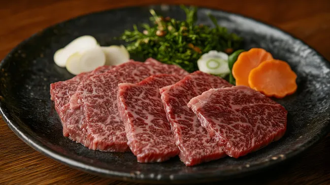 Hochwertig gereiftes Wagyu-Rindfleisch mit Beilagen
