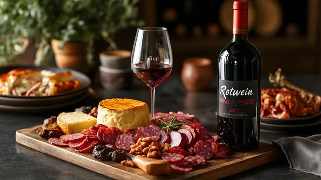 Hochwertige Wein- und Käseplatte mit Rotwein
