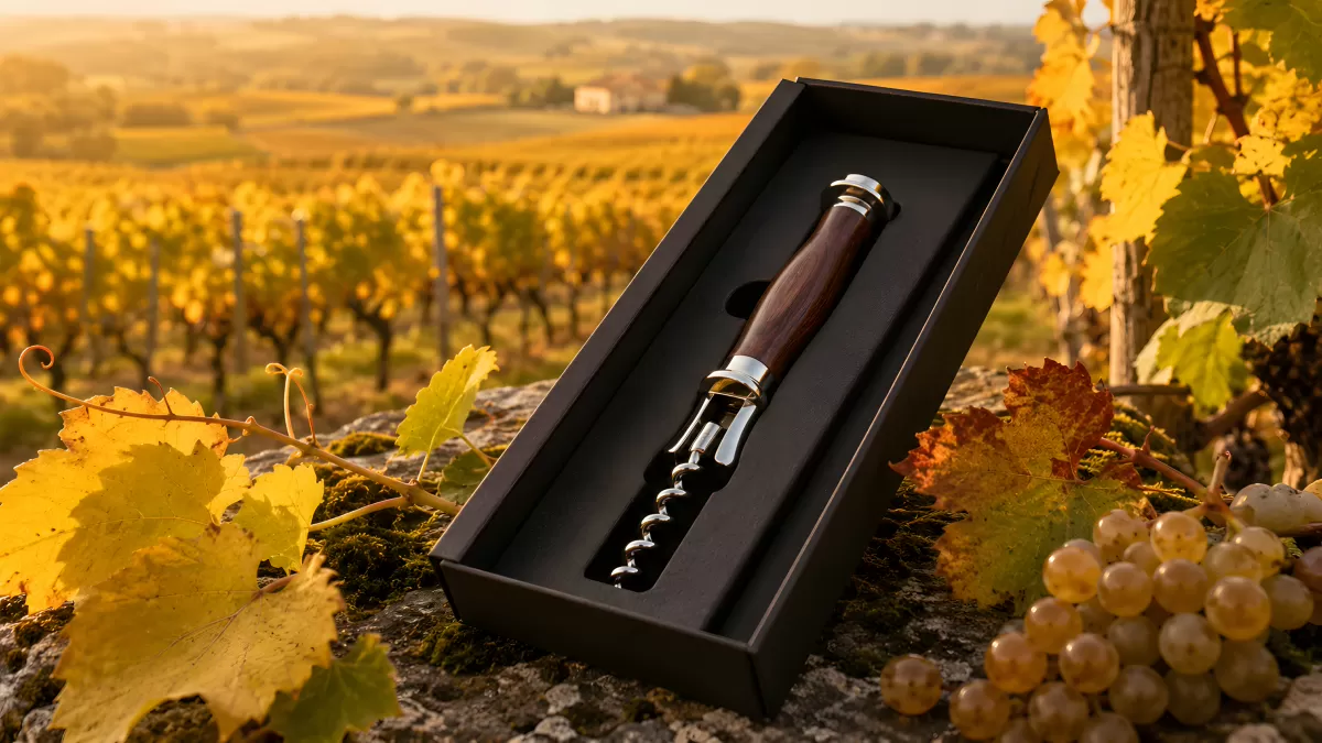 Hochwertiger Korkenzieher in Geschenkbox im Weinberg