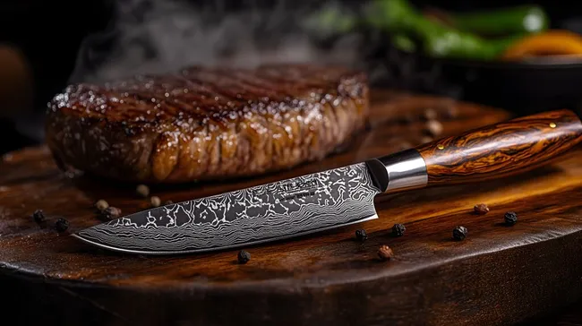 Hochwertiges Produktfoto: Damaststahlmesser mit Holzgriff und zartrosa Steak