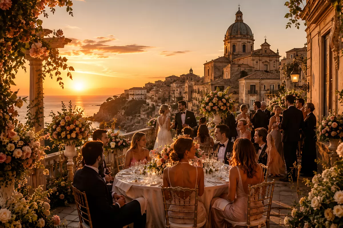 Hochzeitsfeier bei Sonnenuntergang an der italienischen Küste